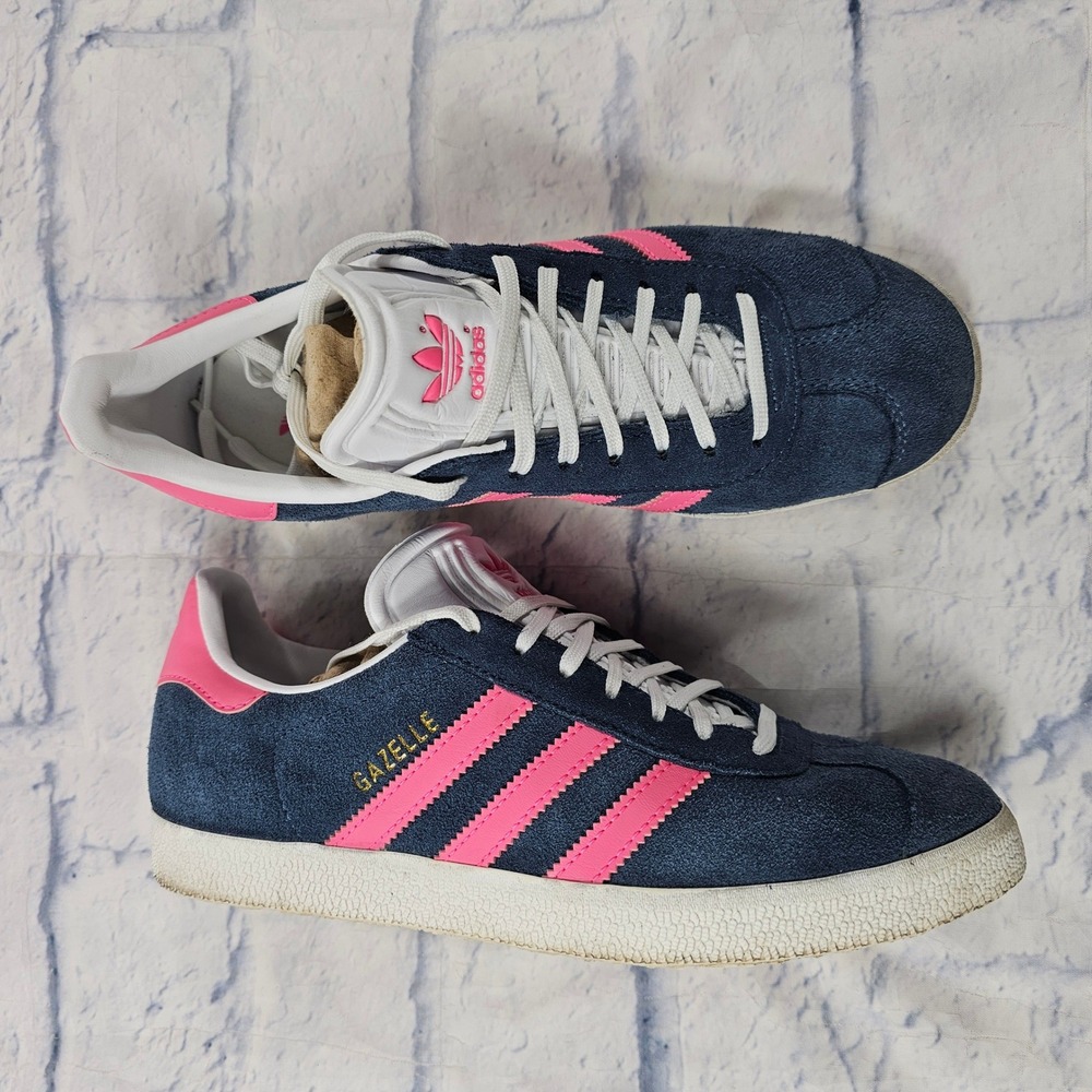 Adidas Gazelle Sneakers Womens 7.5 Navy Blue Hot Pink Suede Low Top Trainers